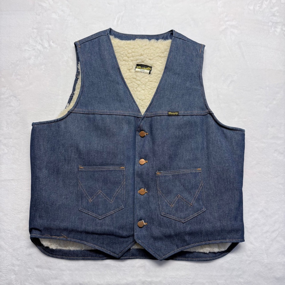 Vintage 70s Wrangler Sherpa Lined Denim Vest Mens XL Blue Jean‎ Puffer Style